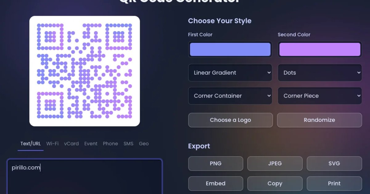 Screenshot of QR Generator: QR code generator with glassmorphic design. Create scannable codes for URLs, text, and contacts — a free alternative to QRCode Monkey and Flowcode.