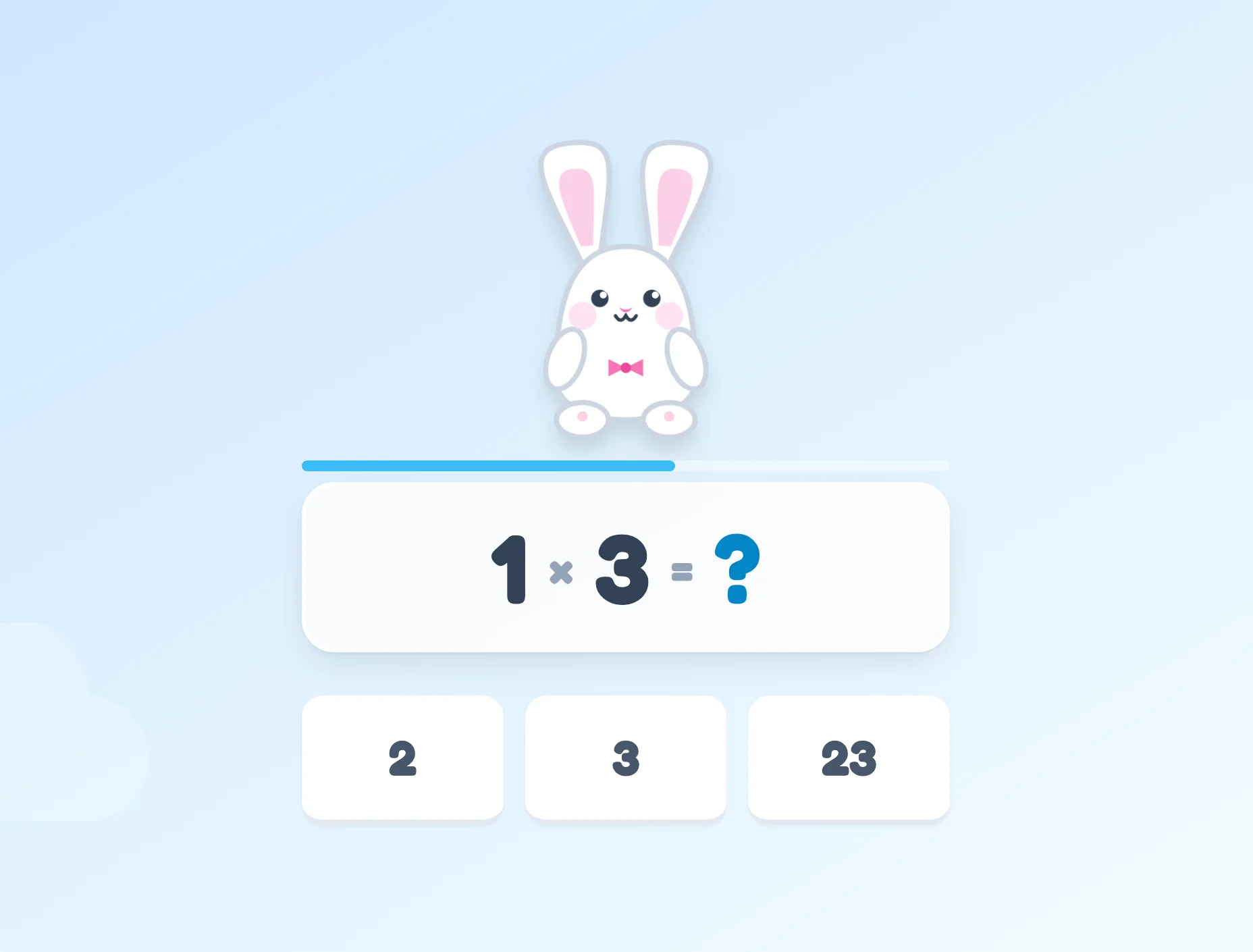 Screenshot of Rabbits Multiply: Multiplication math game for kids. Solve arithmetic to help bunnies multiply — a gamified learning tool for elementary math practice and times tables.
