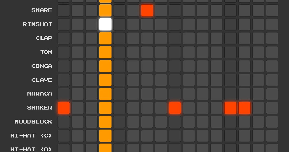 Screenshot of Beatbox: 16-step drum machine and beat sequencer. Create beats with classic drum kit sounds — a free alternative to the Roland TR-808 and online beat makers like Drumbit.