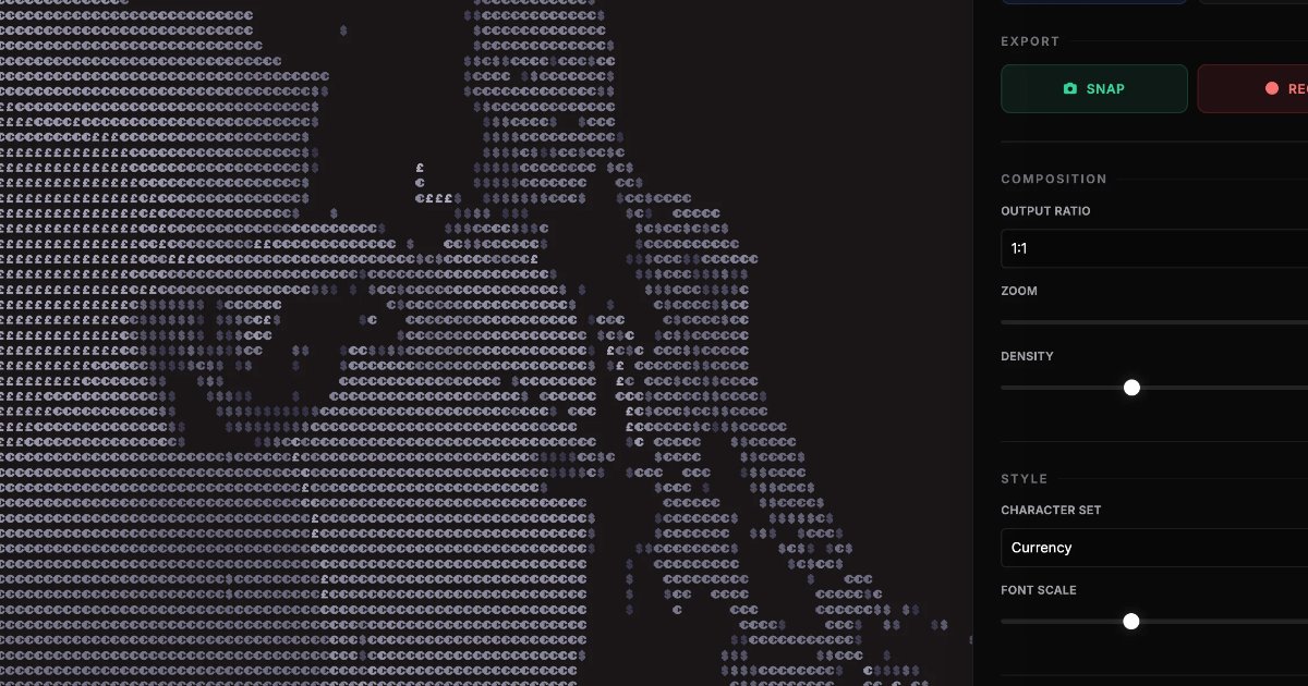 Screenshot of Retro Render: Webcam-to-ASCII and emoji art converter. Transform your live camera into retro text visuals — create CRT terminal selfies and text-art portraits in real-time.