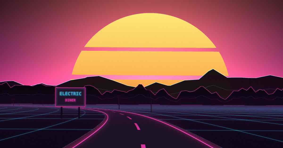 Screenshot of Retrowave Road: Retrowave Road generates an endless synthwave highway — seeded neon worlds, a generative 80s soundtrack. Like, totally tubular. Awesome!