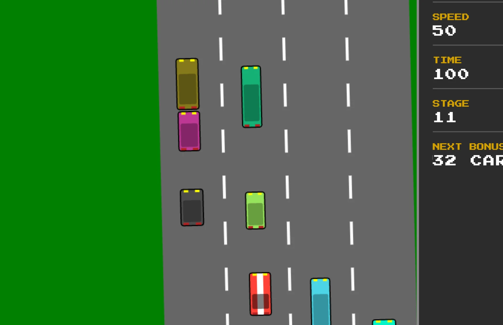 Screenshot of Road Rage: High-speed traffic dodging arcade game. Weave through oncoming cars at increasing velocity — inspired by classic Enduro and highway racing games.