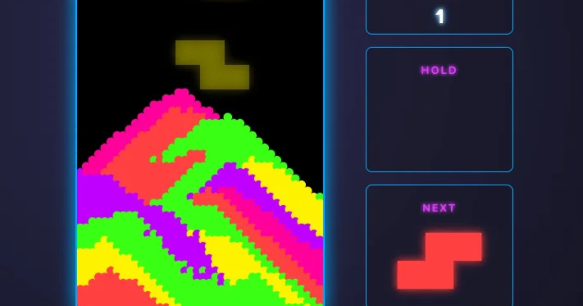 Screenshot of Sandtris: Tetris meets falling-sand physics — blocks crumble into particles on landing. A unique sand simulation puzzle game inspired by Noita and Sandspiel.