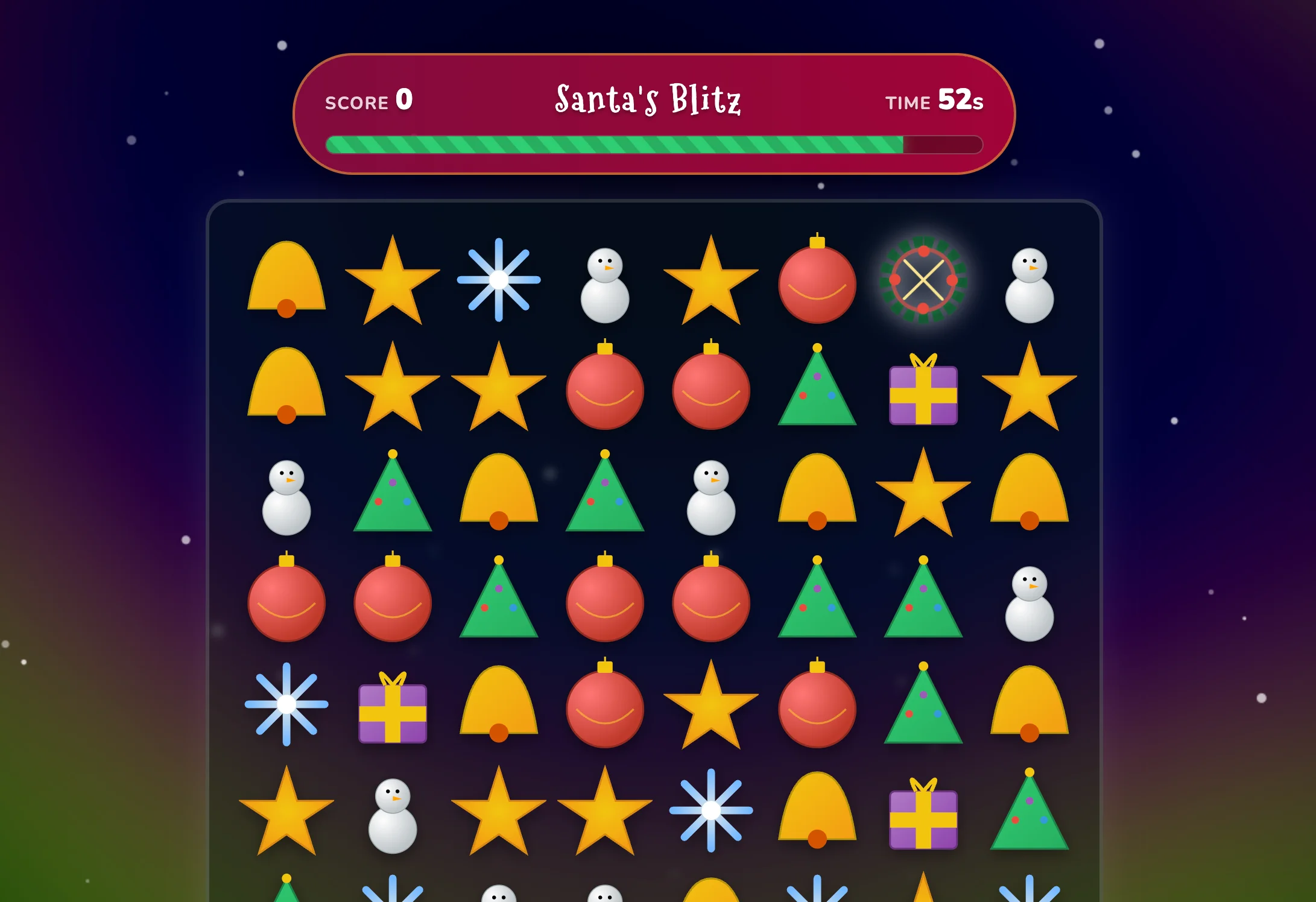 Screenshot of Santa's Blitz: Christmas match-3 puzzle game. Swap holiday treats and clear festive boards — a seasonal candy-crush-style puzzler with gift-wrapped power-ups.