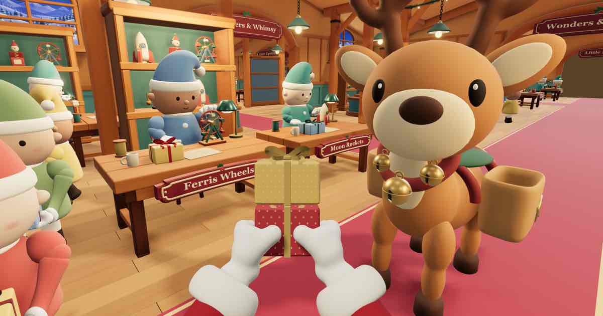 Screenshot of Santa’s Workshop: Wander a 3D Christmas toy workshop as Santa. Take gifts from the elves, hand them to the reindeer, and hunt twelve golden-star toys. It's a Santa Simulator!