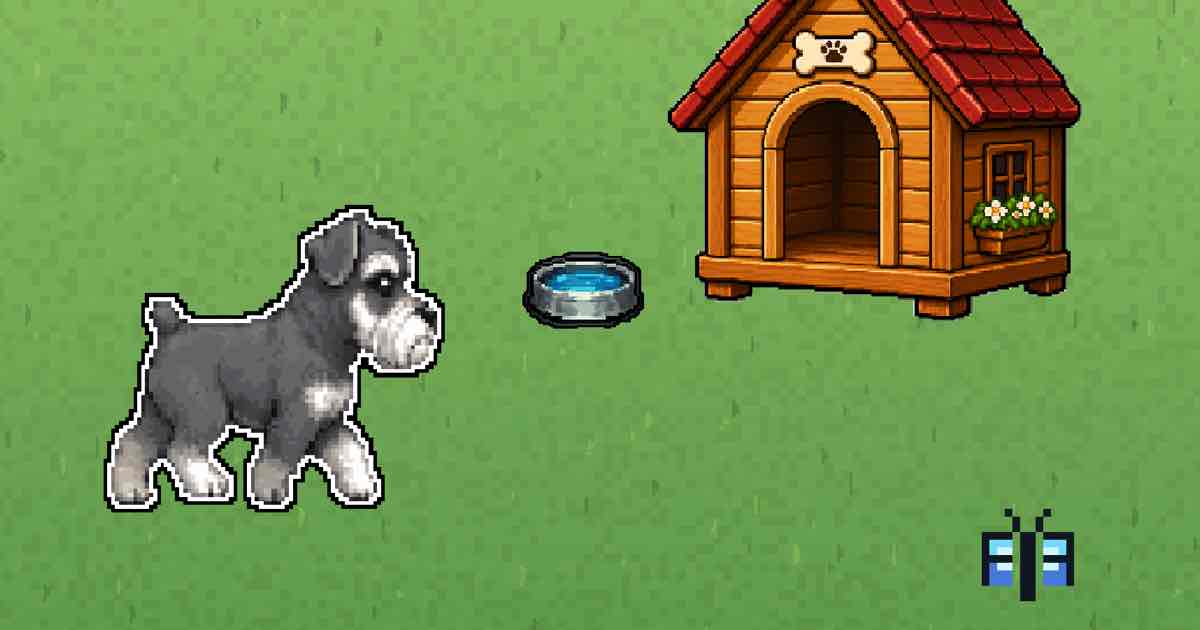 Screenshot of Screen Schnauzer: Virtual pixel dog roaming a full-screen yard: cursor following, zoomies, live-synthesized barks, your own images as toys. A free desktop pet.