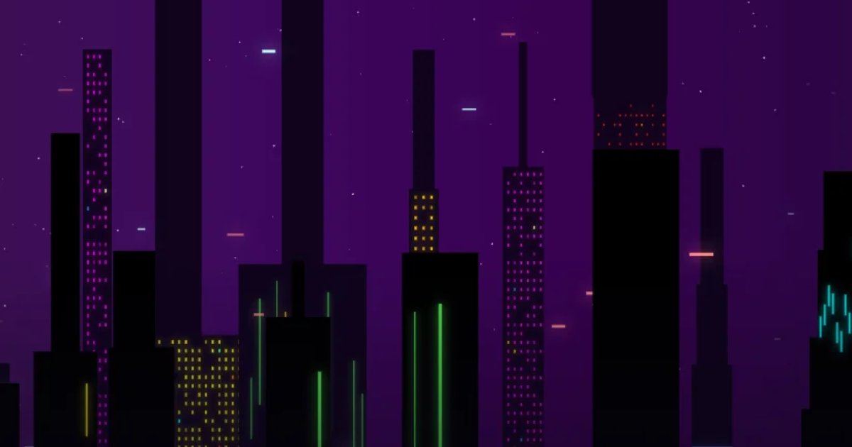 Screenshot of Scroll City: Cyberpunk cityscape builder. Scroll to reveal a neon-lit urban horizon — a stylish retro-futuristic parallax skyline visualization.