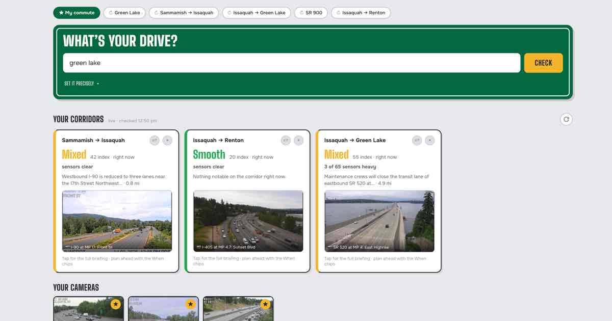 Screenshot of Seattle Snarlcast: Seattle traffic and crowd forecast built on live data. See what&rsquo;s driving congestion near your destination, whether to go, and when. Save your fave commutes!