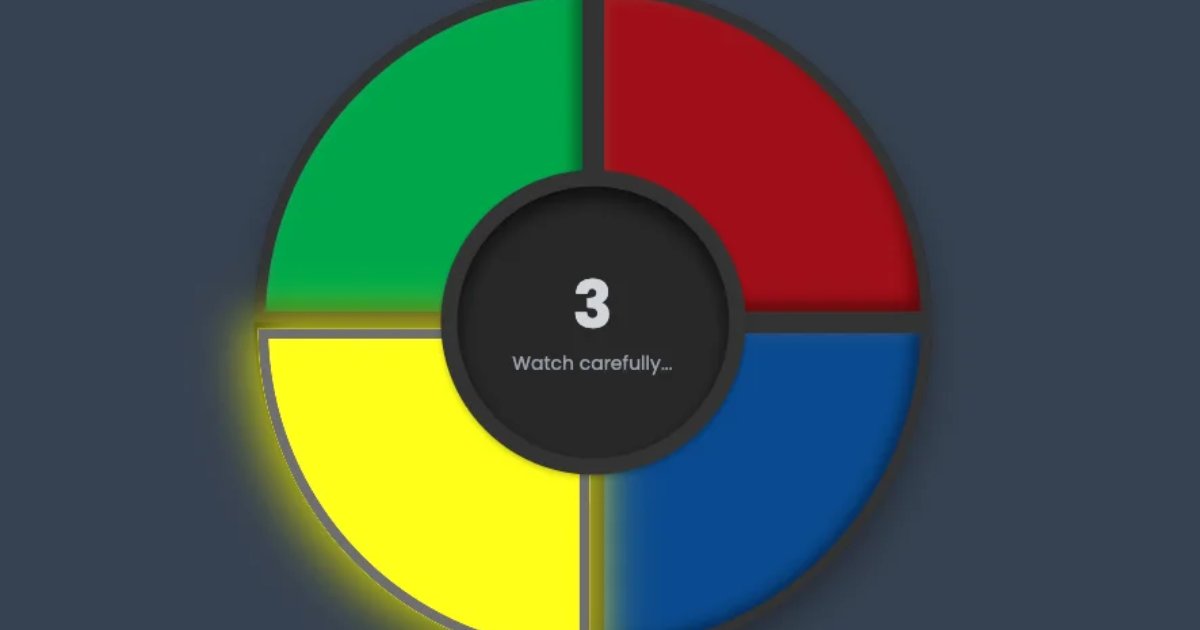 Screenshot of Simon Says: Simon memory game with color and tone sequences. Follow the pattern, test your recall — a faithful recreation of the classic Milton Bradley electronic game.
