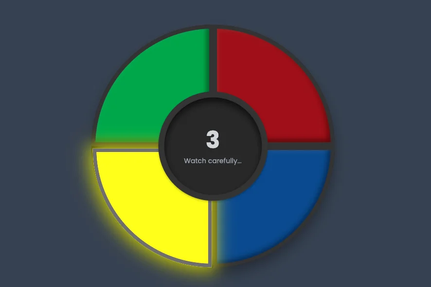 Screenshot of Simon Says: Simon memory game with color and tone sequences. Follow the pattern, test your recall — a faithful recreation of the classic Milton Bradley electronic game.