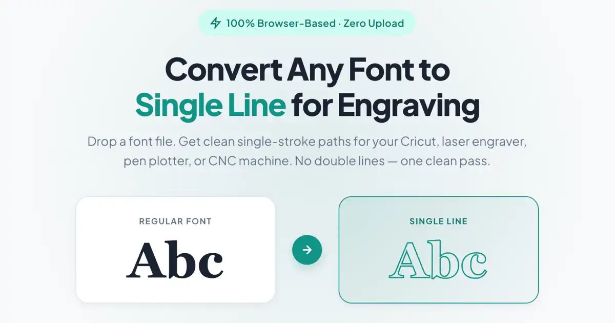 Screenshot of Single Line Font Maker: Single line font converter for Cricut, Silhouette, laser engraving, and pen plotters. Drop any font file, get clean single-stroke SVG paths and installable OTF.