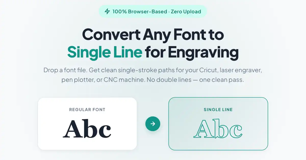 Screenshot of Single Line Font Maker: Single line font converter for Cricut, Silhouette, laser engraving, and pen plotters. Drop any font file, get clean single-stroke SVG paths and installable OTF.