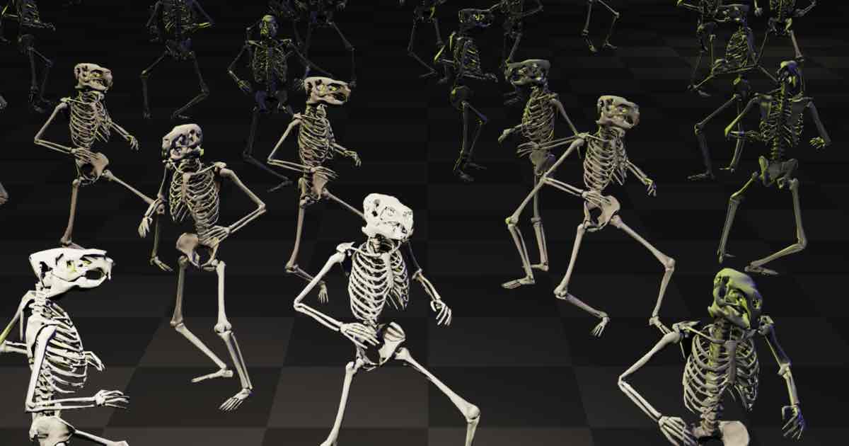 Screenshot of Skeleton Dance: Wake a crowd of dancing 3D skeletons with your pointer. Twelve dances, ten animal skulls, full lighting control. Don't panic at the disco, please.
