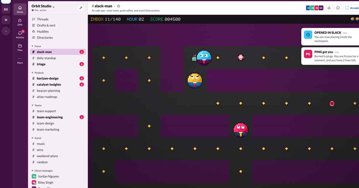 Screenshot of Slack Man: Endless Pac-Man style maze chase set inside Slack. Clear tasks, dodge Distractions, grab coffee for Focus Mode — a free workplace arcade game.