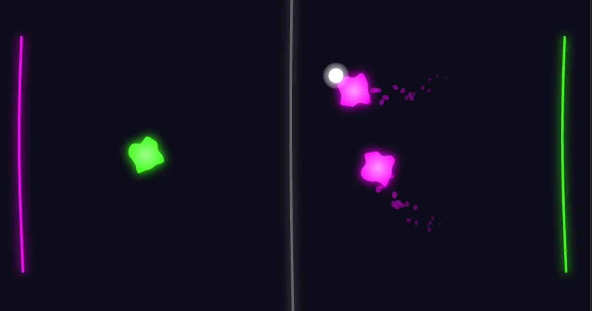 Screenshot of Slimeball: Slime volleyball with neon visuals. Competitive 1v1 blob sports — a browser tribute to the classic Slime Volleyball Flash game with glowing particle effects.