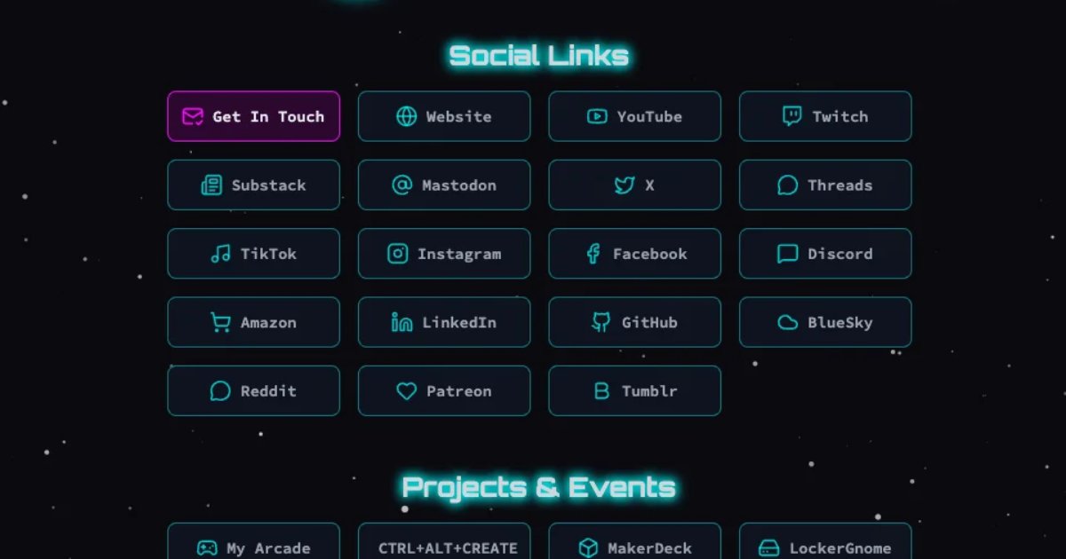 Screenshot of Social Me: Chris Pirillo social profile hub. Quick links to YouTube, Twitter, Mastodon, and every platform — a central directory for the Pirillo community.