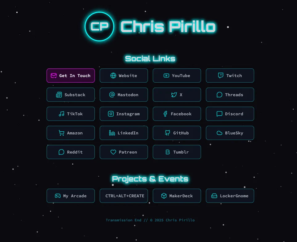 Screenshot of Social Me: Chris Pirillo social profile hub. Quick links to YouTube, Twitter, Mastodon, and every platform — a central directory for the Pirillo community.