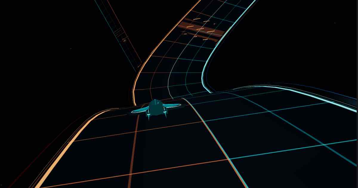 Screenshot of Space Coaster: Race a hovercraft against rivals on a looping 3D anti-gravity circuit with sweepers, gravity shears, moving gates, portals, drift surges, and hull damage. Free TRON?