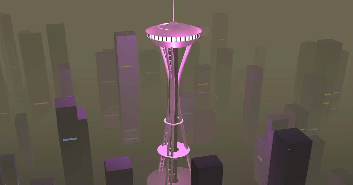 Screenshot of Space Needle: 3D Seattle Space Needle and city simulator. Dynamic day-night cycles, weather, and rain — explore the Pacific Northwest skyline in interactive 3D.