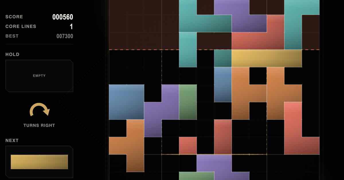 Screenshot of Spin Stack: Spin Stack is a rotating block puzzle: the whole chamber turns a quarter turn after every piece, and only lines through the core count. Not Tetris, but like it.