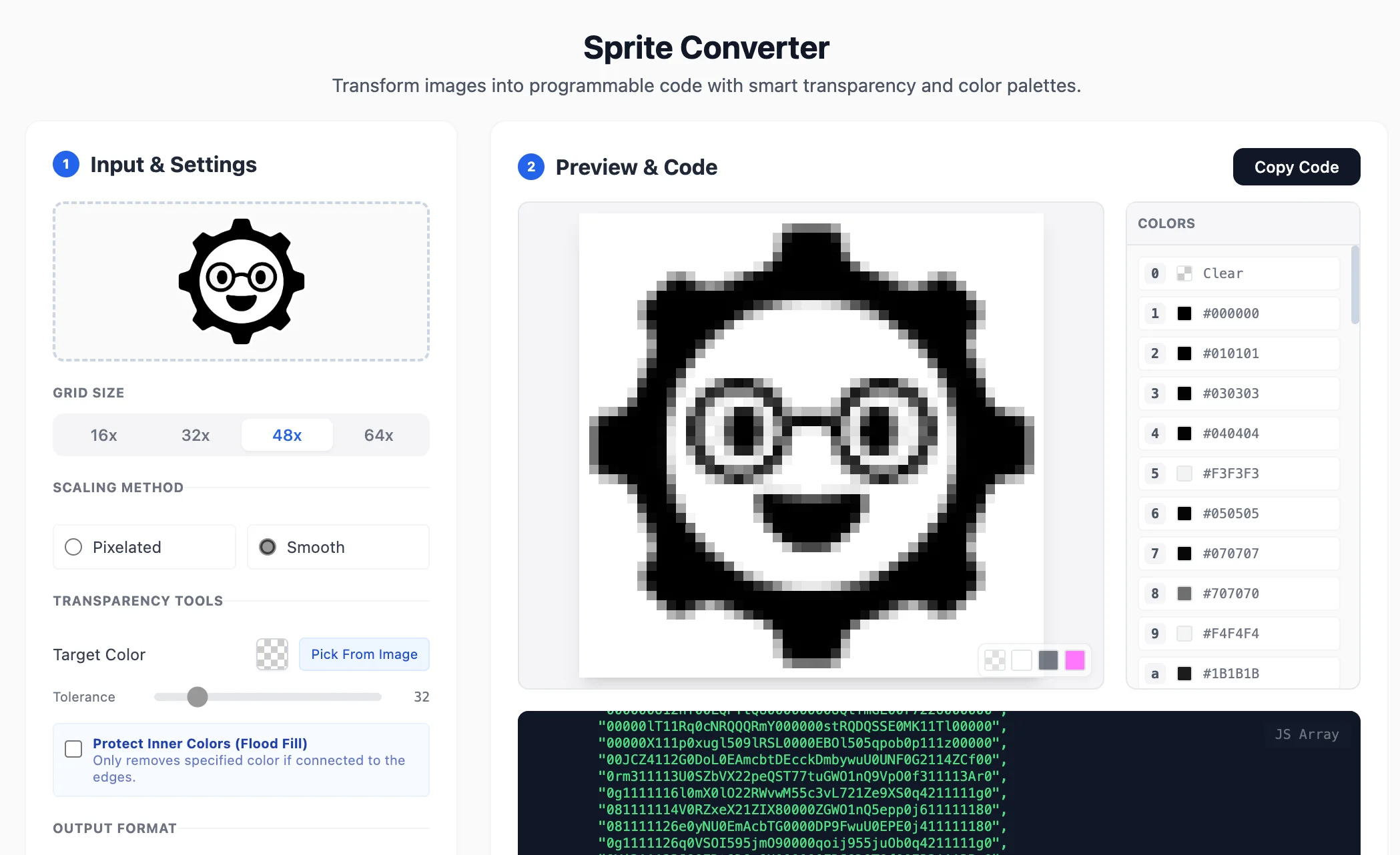 Screenshot of Sprite Tool: Sprite sheet and image-to-pixel-code converter. Transform images into code arrays for Arduino, LED matrices, and game dev — a free sprite extraction tool.