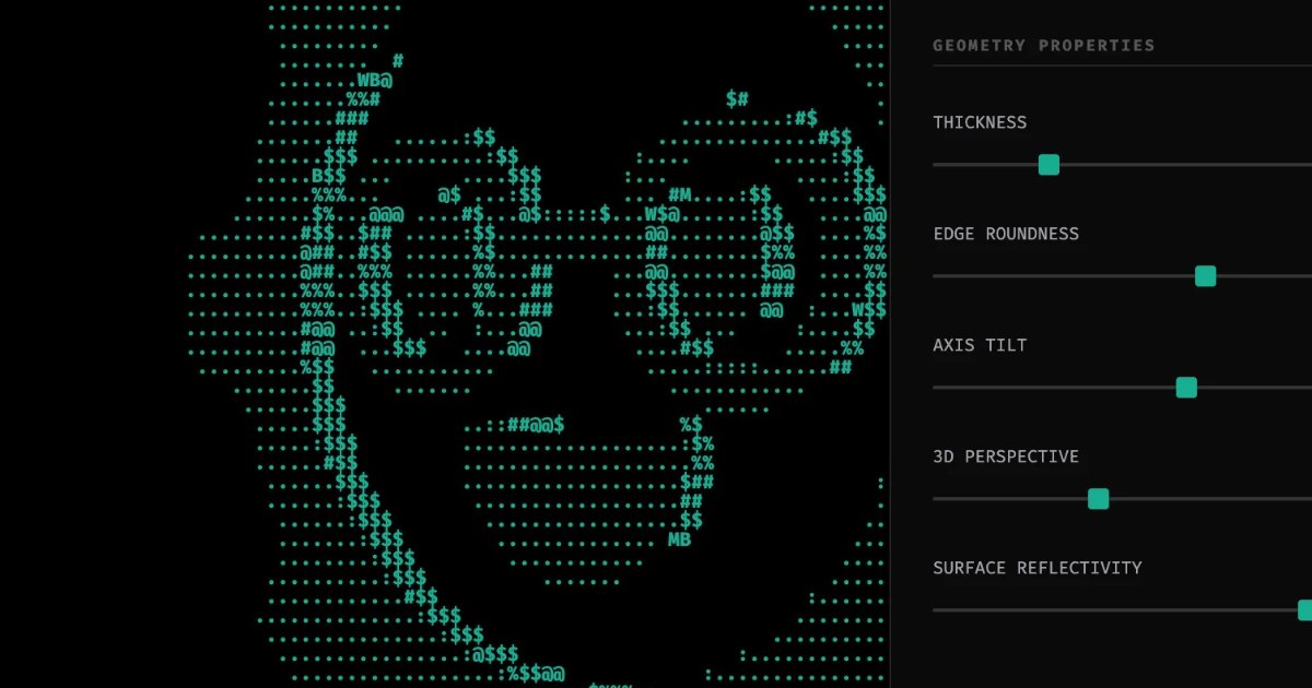 Screenshot of SVGlyph: SVG-to-3D-ASCII-art converter. Transform vector files into animated text-art sculptures with customizable lighting, depth, and character density.