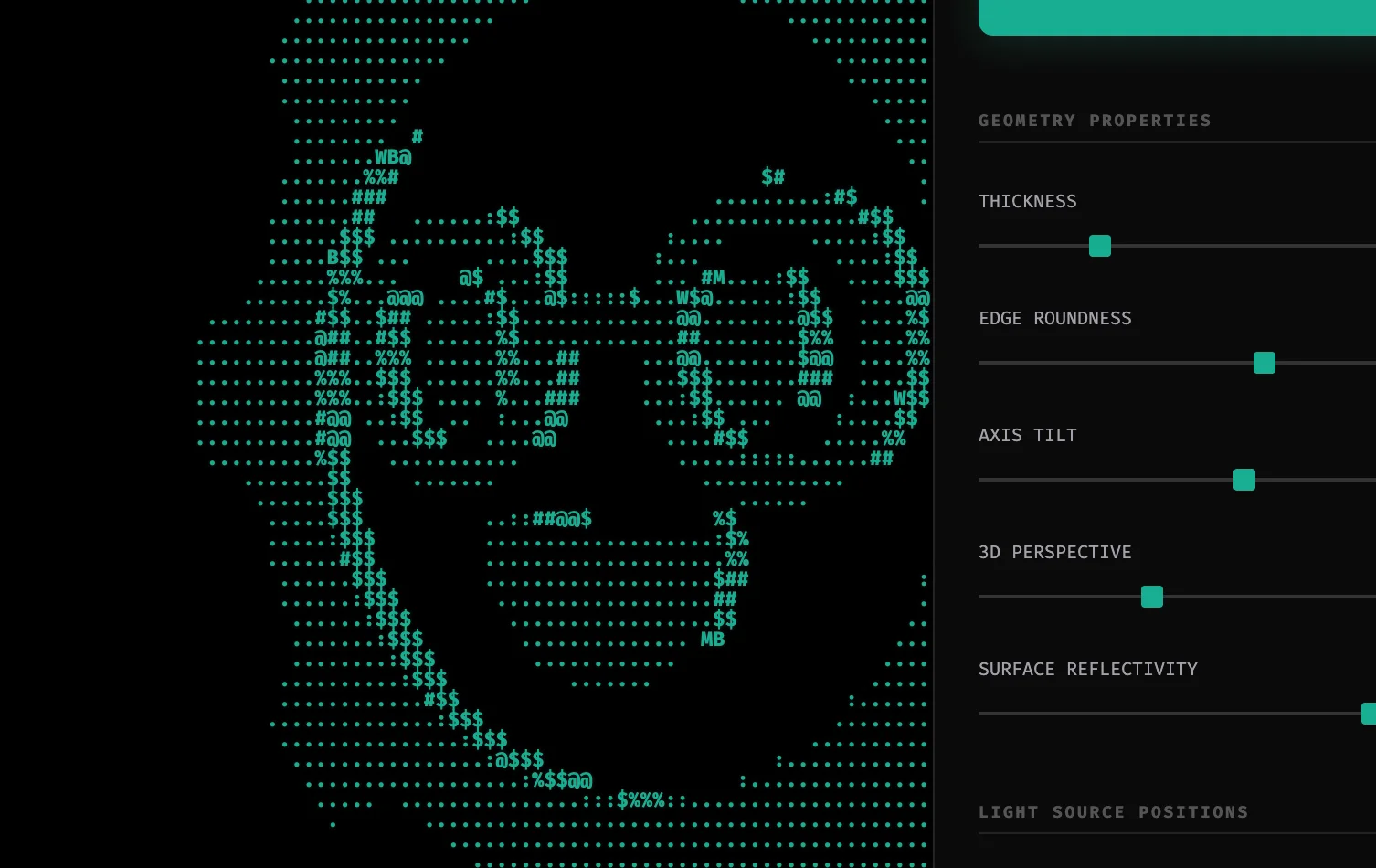 Screenshot of SVGlyph: SVG-to-3D-ASCII-art converter. Transform vector files into animated text-art sculptures with customizable lighting, depth, and character density.