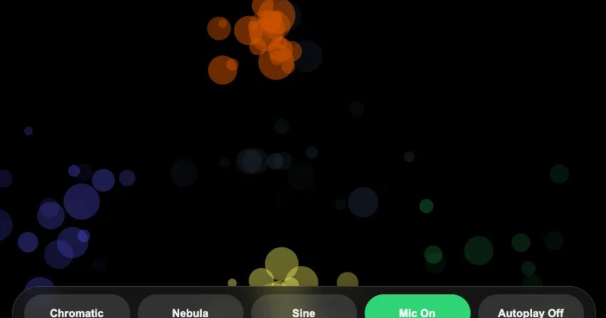 Screenshot of Synesthesia: Audiovisual art creator. Generate combinations of sound and color by clicking and typing — explore synesthetic experiences where visual and audio merge.