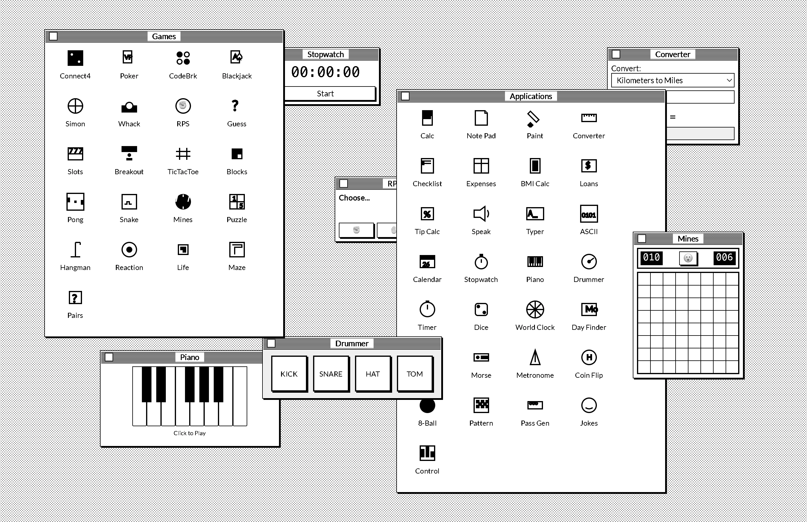 Screenshot of System Six: Classic Macintosh System 6 simulator. Explore the 1988 Mac OS desktop, menus, and apps — a faithful recreation for vintage Apple enthusiasts and computing historians.