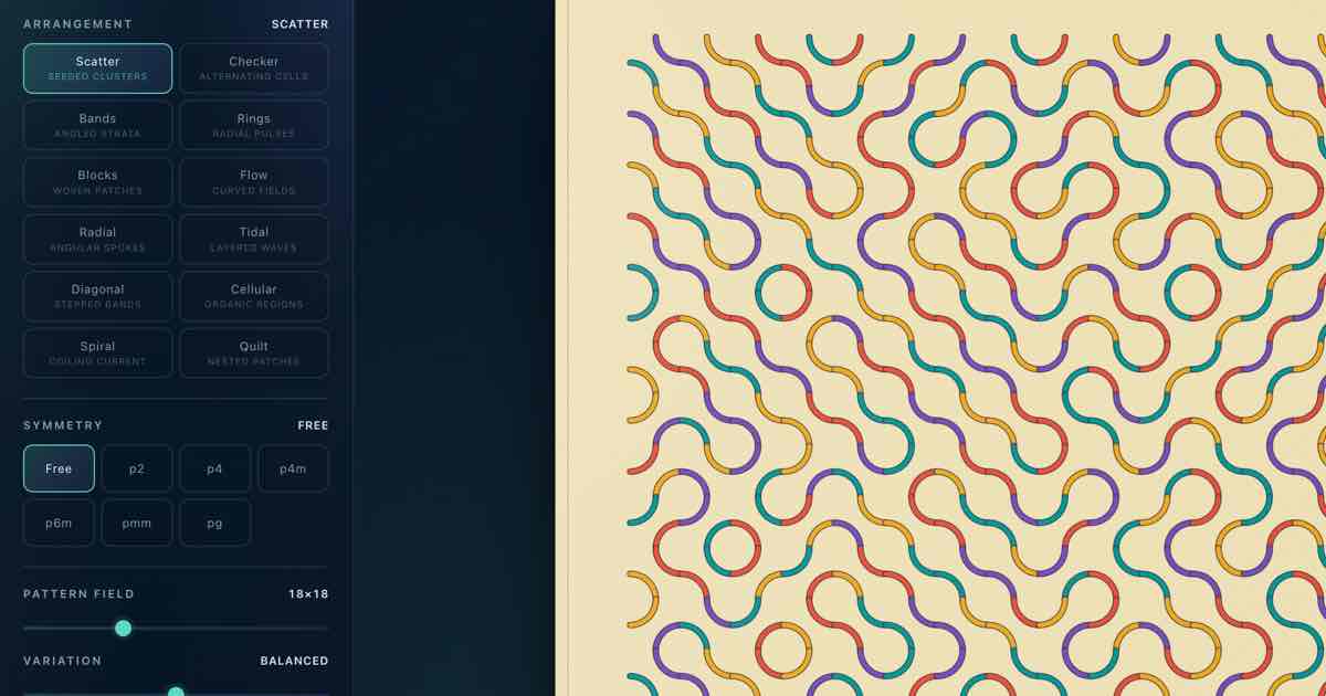 Screenshot of Tesselchet: Generative geometric pattern maker with 52 seamless Truchet, girih, weave, and tile families, custom color palettes, deterministic seeds, and export SVG, STL, PNG.