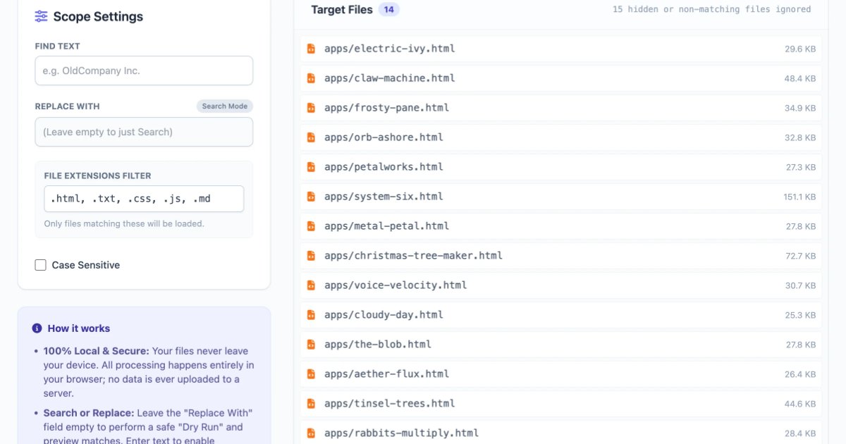 Screenshot of Text Replacer: Find-and-replace text tool with regex support. Bulk substitutions on any text — a free alternative to TextSoap and sed for non-developers.