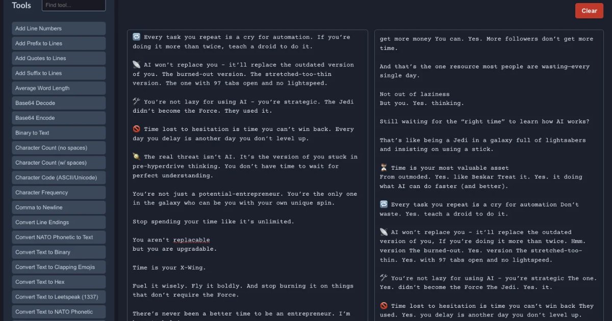 Screenshot of Textulator: Text reformatting multi-tool. Apply filters to transform, clean, sort, and reformat text — a free alternative to TextSoap, CyberChef, and online text utilities.