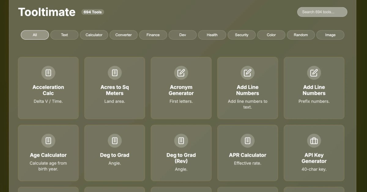 Screenshot of Tooltimate: Collection of 500+ browser tools for developers, designers, and creators. Privacy-focused with no data collection — an all-in-one utility toolkit.