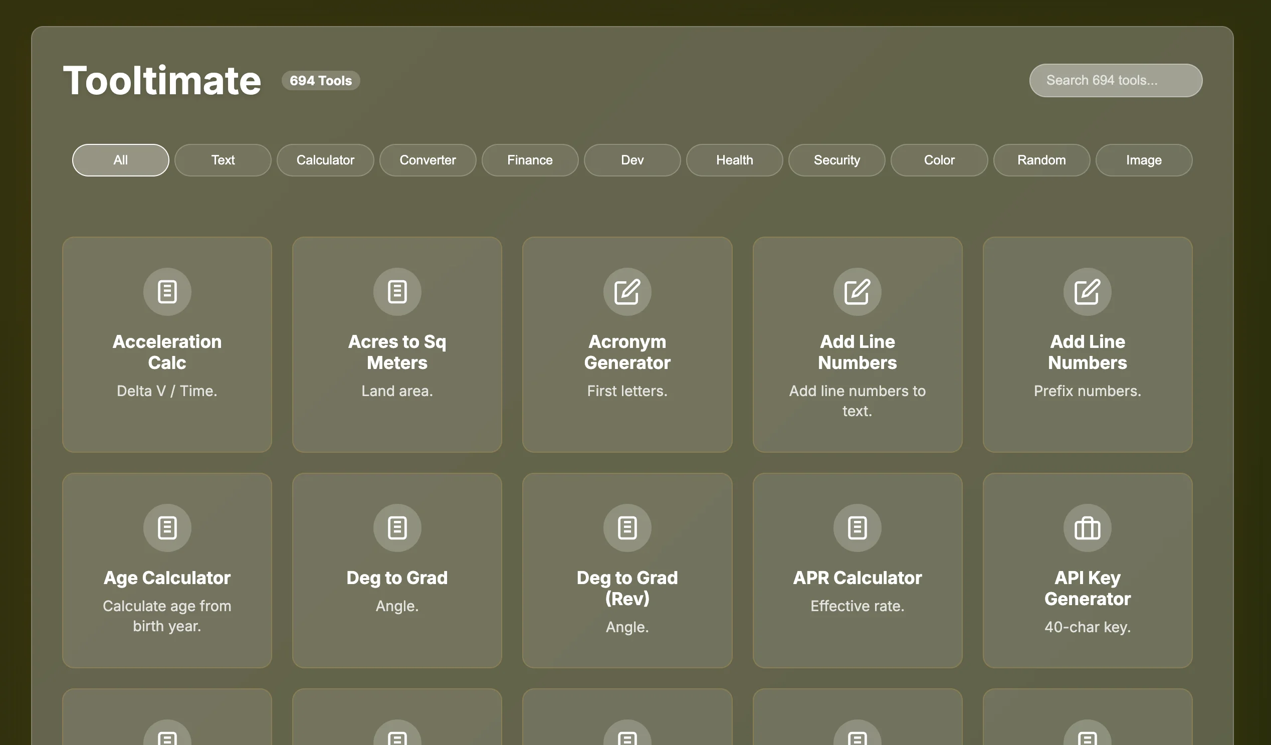 Screenshot of Tooltimate: Collection of 500+ browser tools for developers, designers, and creators. Privacy-focused with no data collection — an all-in-one utility toolkit.