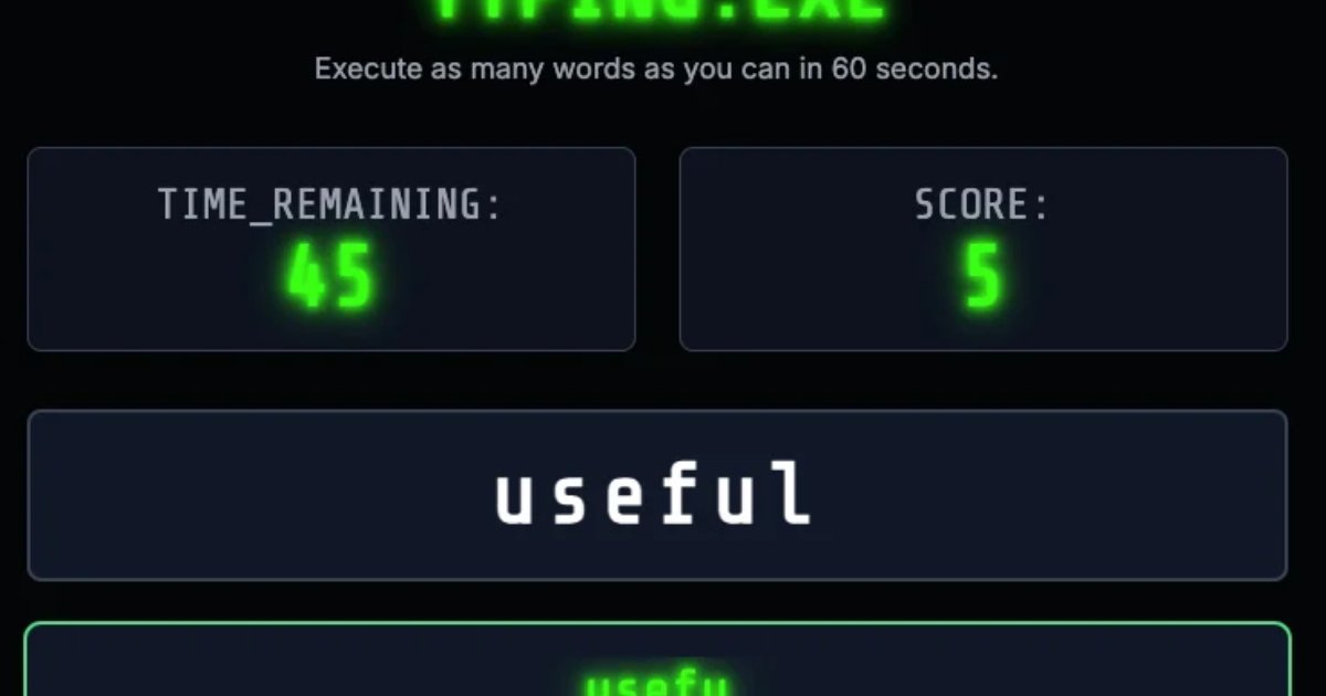 Screenshot of TYPING.EXE: Typing speed test with WPM tracking, accuracy stats, and difficulty levels. Practice touch typing and measure progress — a free alternative to MonkeyType and TypeRacer.