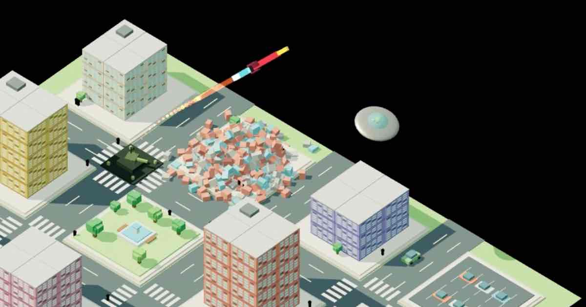 Screenshot of UFO Game: 3D flying saucer game: pilot a UFO, tractor-beam humans and cows, charge the laser, and level a voxel city. A free Destroy All Humans alternative.