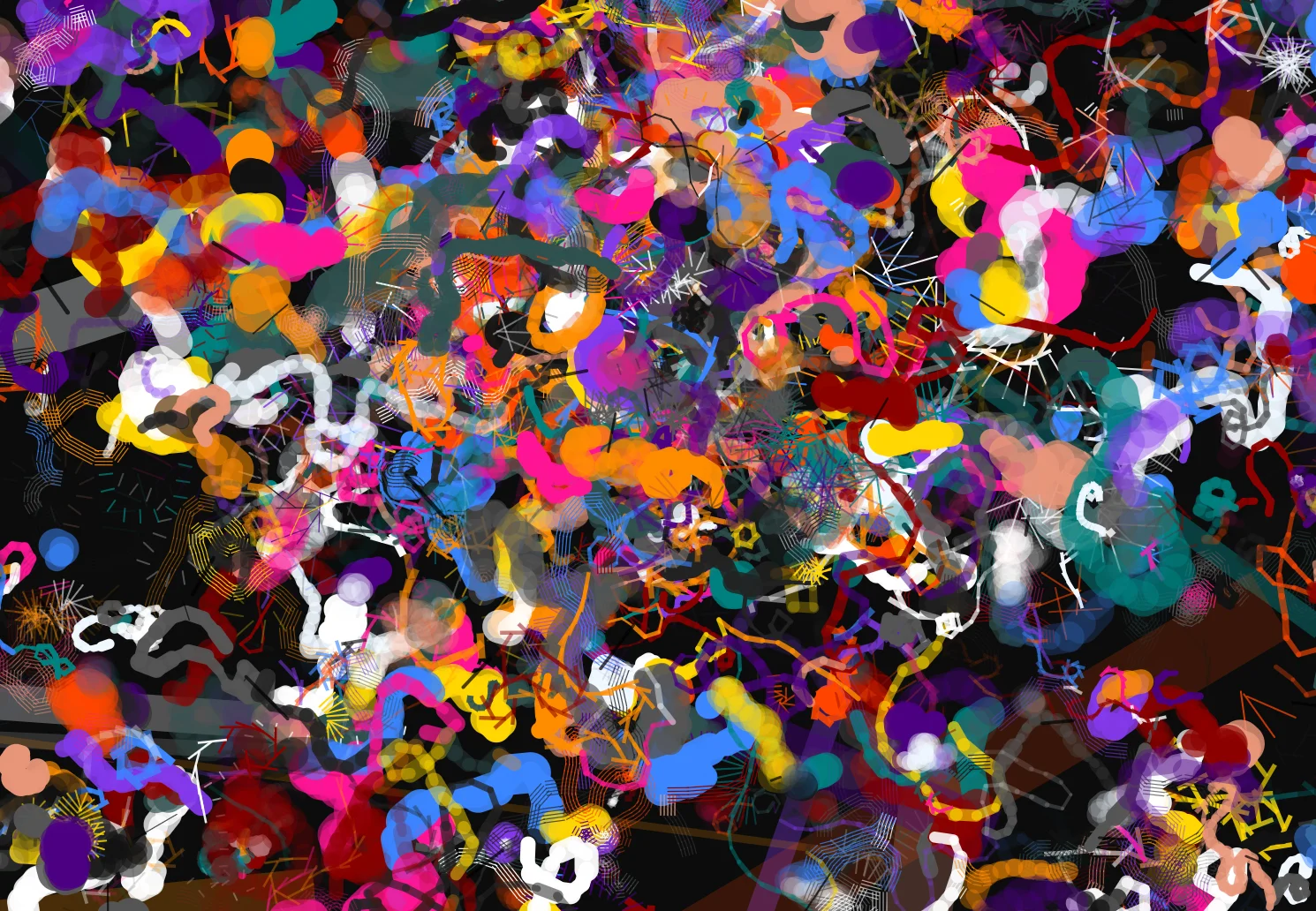 Screenshot of Unamerican Graffiti: Procedural decay and glitch art generator. Abstract compositions with agent-based movement and structural distortion — a generative entropy visualizer.
