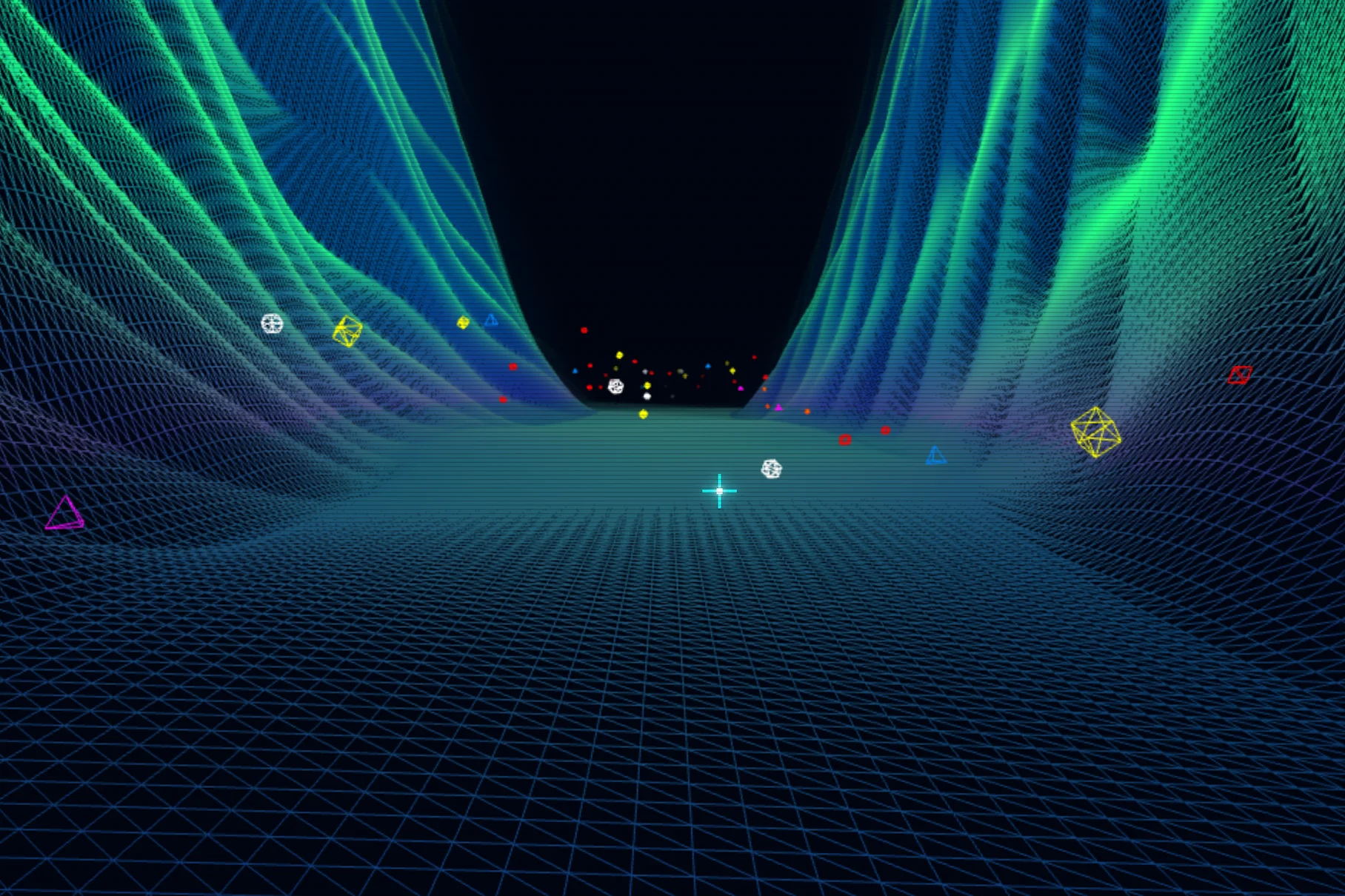 Screenshot of Vecterra Command: Neon wireframe survival shooter on an infinite vector grid. Dodge and blast through waves — inspired by Tempest and Geometry Wars aesthetics.