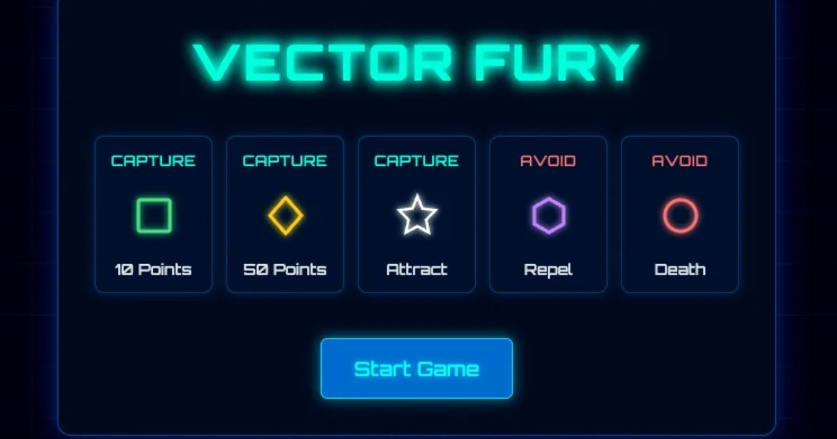 Screenshot of Vector Fury: Vector-graphics space shooter like Asteroids and Geometry Wars. Blast through enemy waves in a retro wireframe arena — fast-paced shmup action.