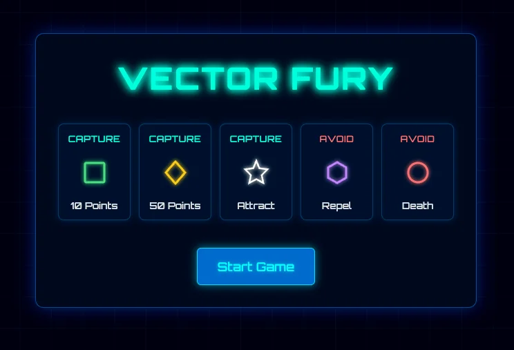 Screenshot of Vector Fury: Vector-graphics space shooter like Asteroids and Geometry Wars. Blast through enemy waves in a retro wireframe arena — fast-paced shmup action.