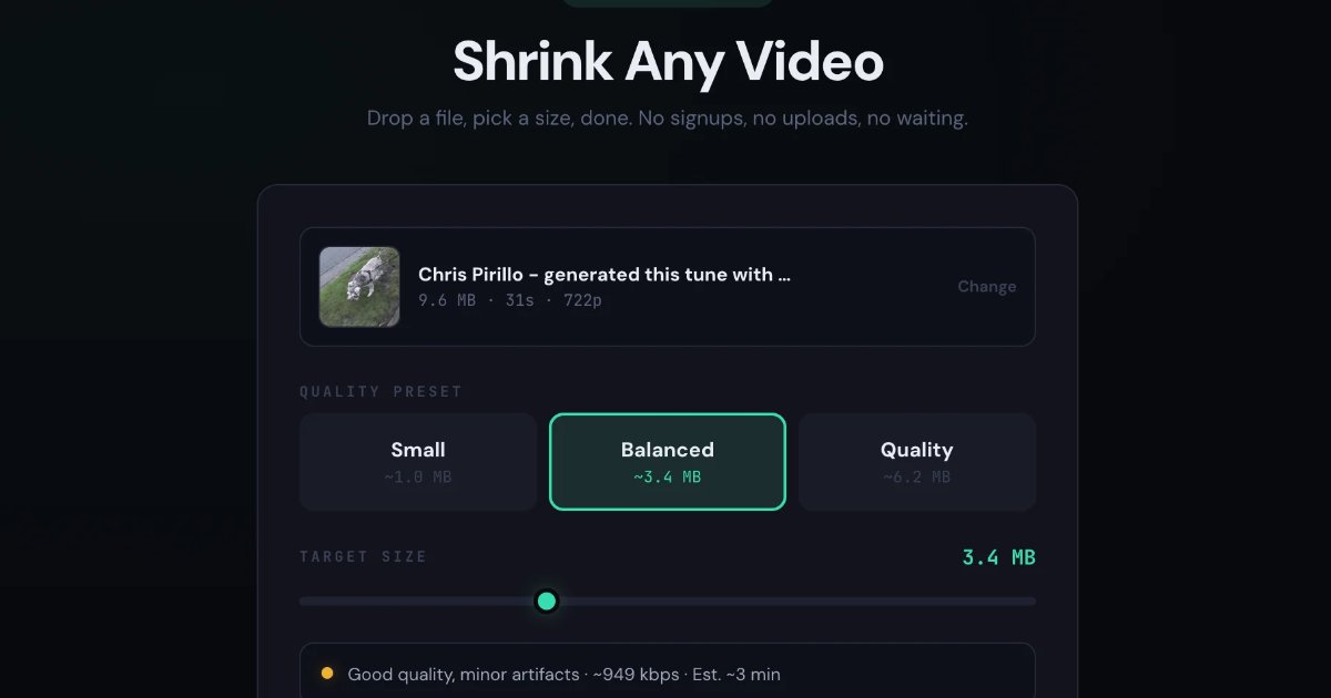 Screenshot of Video Shrinker: Video compressor for Discord and social media. Shrink files without uploading — browser-based FFmpeg compression. A free alternative to HandBrake for quick jobs.