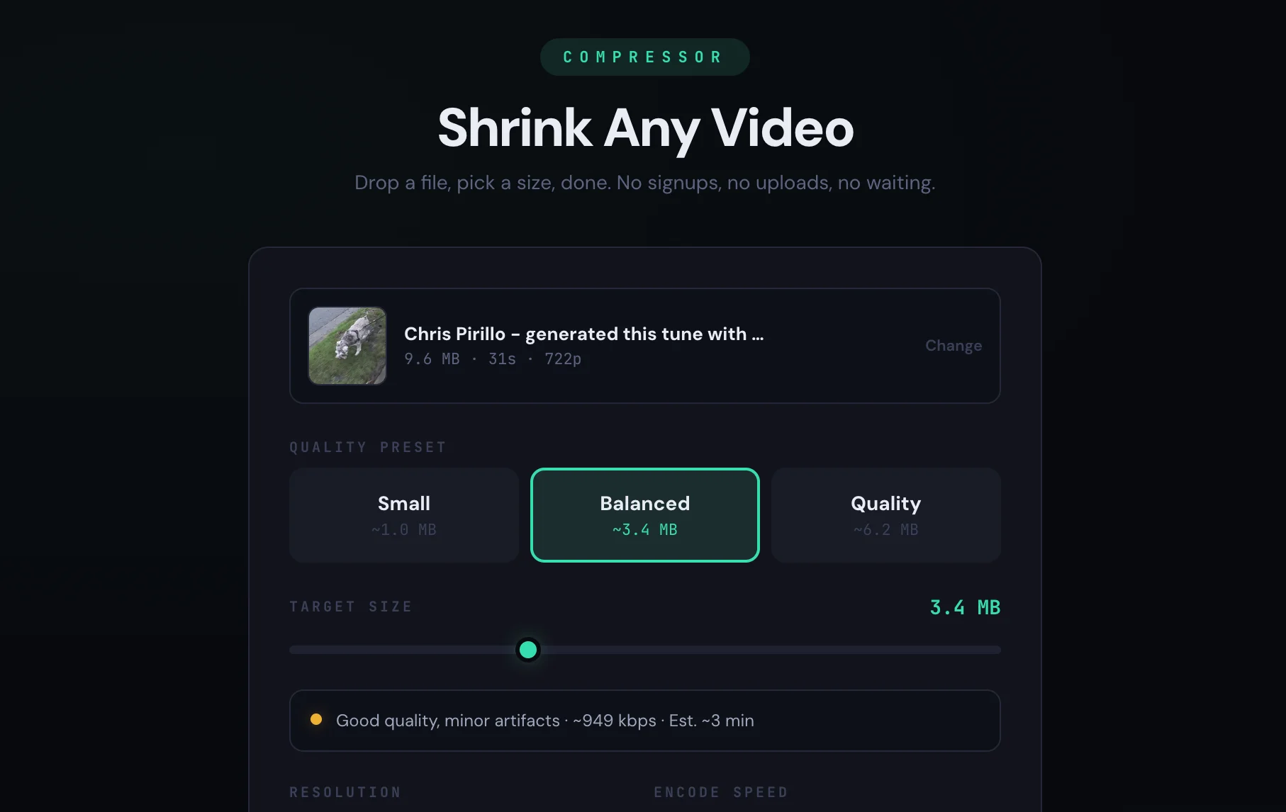 Screenshot of Video Shrinker: Video compressor for Discord and social media. Shrink files without uploading — browser-based FFmpeg compression. A free alternative to HandBrake for quick jobs.