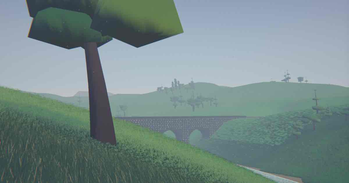 Screenshot of Wander Valley: Walk or fly through a hand-painted anime valley — river, village, steam train, four seasons — rebuilt from scratch every reload. Time to explore this free, open world!