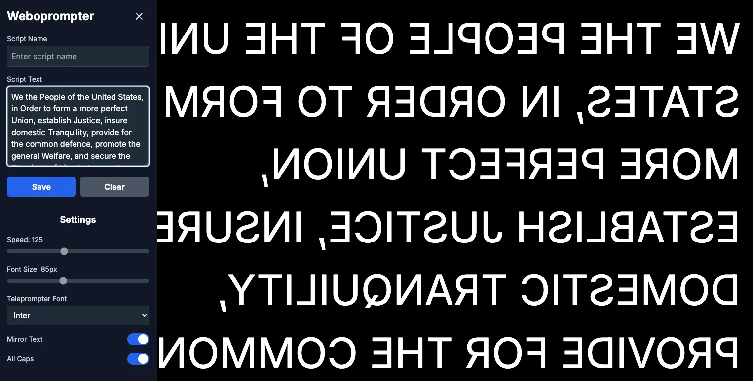 Screenshot of Weboprompter: Teleprompter for content creators and streamers. Scroll your script at adjustable speeds on any device — a free alternative to BigStage and PromptSmart.