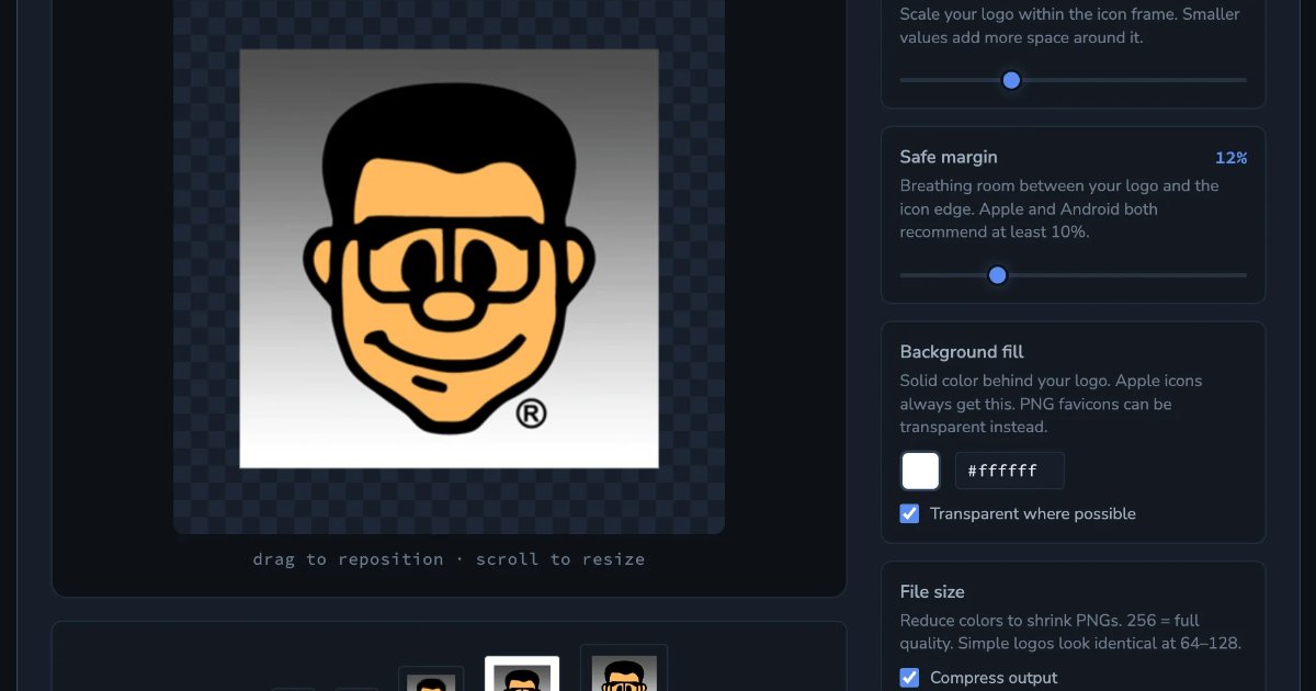 Screenshot of Website Workshop: Favicon and PWA manifest generator. Create Apple touch icons, social meta tags, and app manifests from one logo — a free alternative to RealFaviconGenerator.